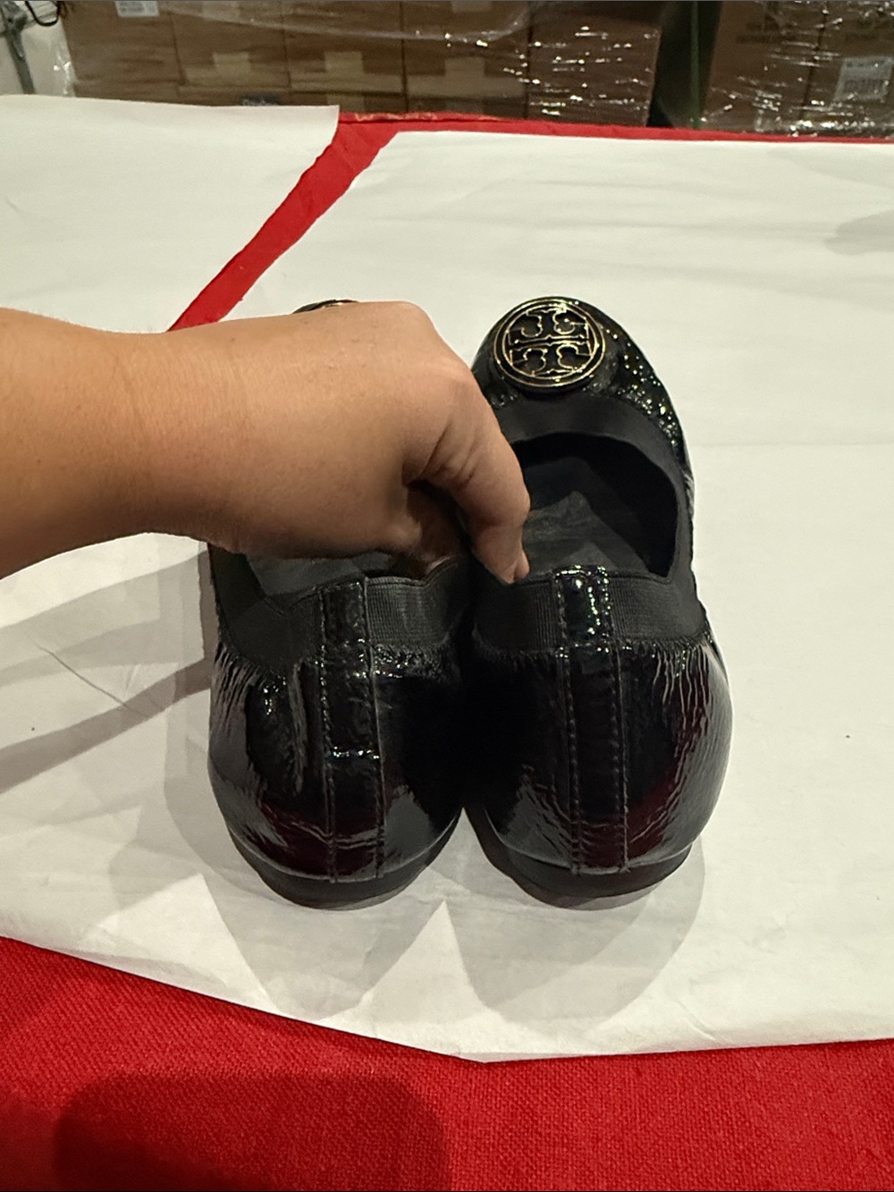 Tory Burch Black Patent Logo Ballet Flats with Gold Emblem - Picture 3 of 4